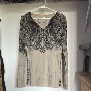 Affliction Cream Graphic Long Sleeve Blouse